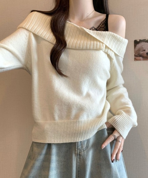 Mejoul（メジュール）の「【2025秋冬新作】レースフェイクレイヤードオフショルニット（ニット/セーター・レディース・グレー/ブラック/アイボリー/レッド・F）」の5枚目の写真