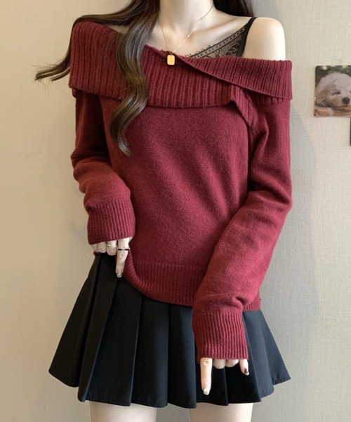 Mejoul（メジュール）の「【2025秋冬新作】レースフェイクレイヤードオフショルニット（ニット/セーター・レディース・グレー/ブラック/アイボリー/レッド・F）」の11枚目の写真