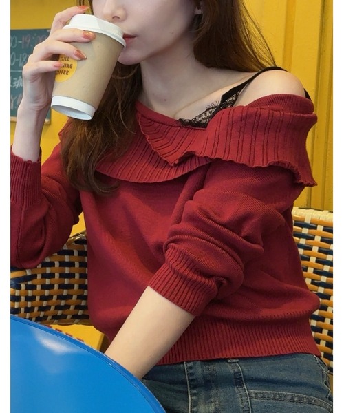 Mejoul（メジュール）の「【2025秋冬新作】レースフェイクレイヤードオフショルニット（ニット/セーター・レディース・グレー/ブラック/アイボリー/レッド・F）」の15枚目の写真