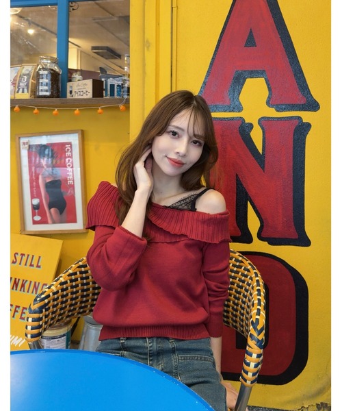 Mejoul（メジュール）の「【2025秋冬新作】レースフェイクレイヤードオフショルニット（ニット/セーター・レディース・グレー/ブラック/アイボリー/レッド・F）」の16枚目の写真