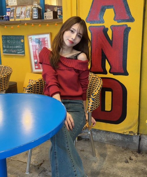 Mejoul（メジュール）の「【2025秋冬新作】レースフェイクレイヤードオフショルニット（ニット/セーター・レディース・グレー/ブラック/アイボリー/レッド・F）」の13枚目の写真