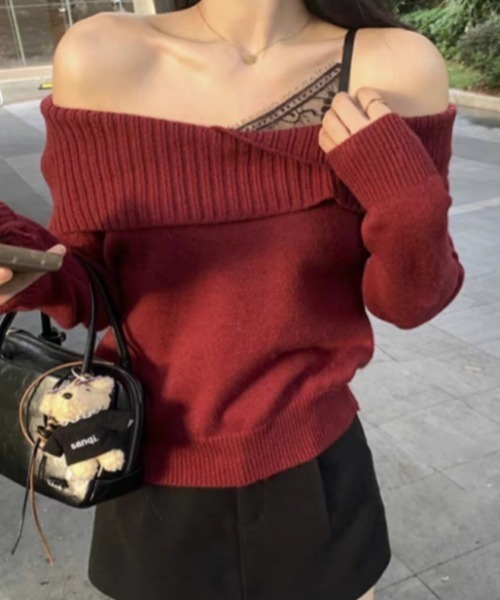 Mejoul（メジュール）の「【2025秋冬新作】レースフェイクレイヤードオフショルニット（ニット/セーター・レディース・グレー/ブラック/アイボリー/レッド・F）」の17枚目の写真