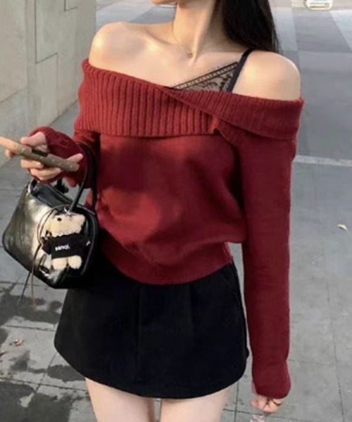 Mejoul（メジュール）の「【2025秋冬新作】レースフェイクレイヤードオフショルニット（ニット/セーター・レディース・グレー/ブラック/アイボリー/レッド・F）」の19枚目の写真