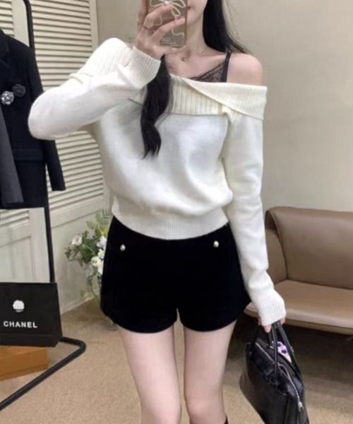 Mejoul（メジュール）の「レースフェイクレイヤードオフショルニット（ニット/セーター・レディース・グレー/ブラック/アイボリー/レッド・F）」の20枚目の写真