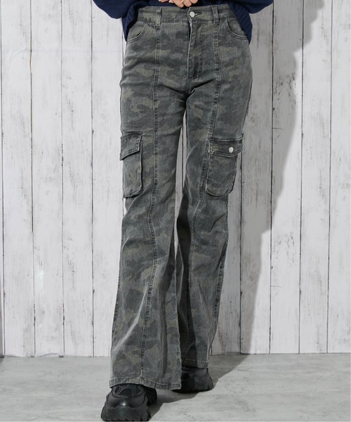 セール】《カモフラ×カーゴ》レディース ストレッチフレアパンツ