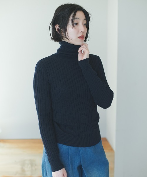 THREE FIFTY STANDARD(スリーフィフティースタンダード)の「THREE FIFTY STANDARD日本製のコットン100%リブタートル(ニット/セーター・レディース・グレイッシュブルー/ダークネイビー/ホワイト系その他・3L/LL/M/L)」の12枚目の写真