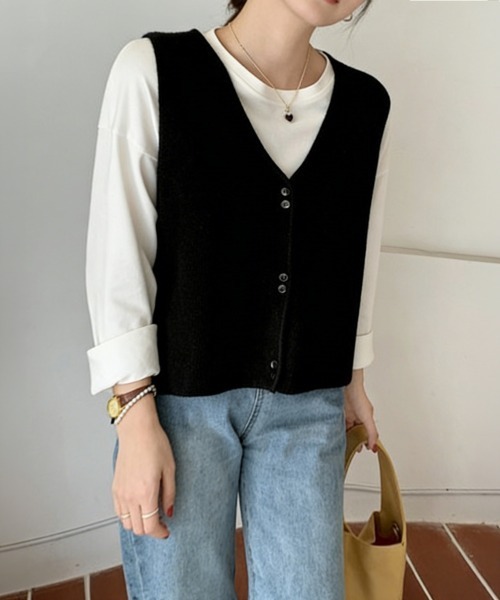 Miniministore（ミニミニストア）の「Vネックニットベスト ニットジレ 重ね着（ベスト・レディース・キャメル/ベージュ/ブラック/カーキ/アイボリー/グレー/ブラウン・FREE）」の10枚目の写真
