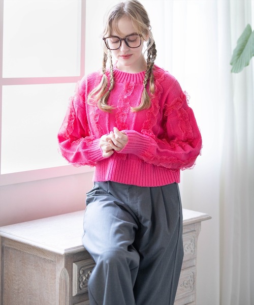 CLEAR BASIC（クリアベーシック）の「レースフリルニットトップス［大人 カジュアル ガーリー 着回し力抜群］≪AW新作≫（ニット/セーター・レディース・アイボリー/ブラック/ピンク・F）」の5枚目の写真