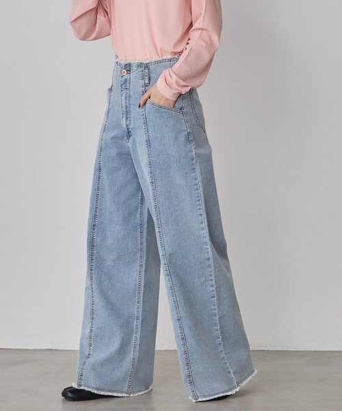 hunch（ハンチ）の「ストレッチデニム ワイドパンツ（デニムパンツ・レディース・ベビーピンク/ワンウォッシュ/ライトインディゴブルー/ライトグレー・FREE）」の12枚目の写真