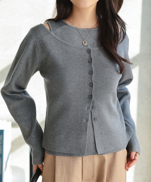 Petitle（プチレ）の「[ 低身長向けサイズ ] 3点セット ニットカーディガン×タンク×パンツ（ニット/セーター・レディース・ベージュ/チャコール・PM）」の4枚目の写真