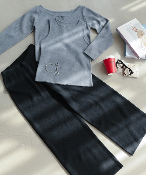 Petitle（プチレ）の「[ 低身長向けサイズ ] 3点セット ニットカーディガン×タンク×パンツ（ニット/セーター・レディース・ベージュ/チャコール・PM）」の6枚目の写真