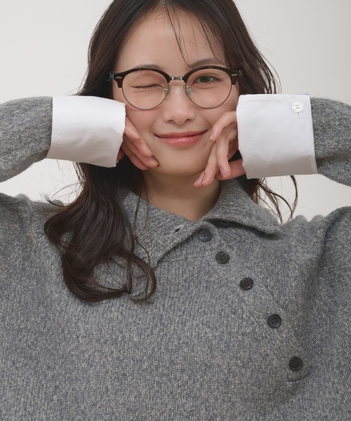 MUHET(ミュエータ)の「layered shirt detail stand collar button knit / シャツドッキングスタンドネックボタンニット(ニット/セーター・レディース・グリーン/グレー・FREE)」の6枚目の写真