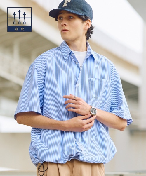 stuusy チェックシャツ　半袖　短丈　ブルー　ボックスシルエット HECT】Box Silhouette Logo Drawstring S/S Shirt / ボックス
