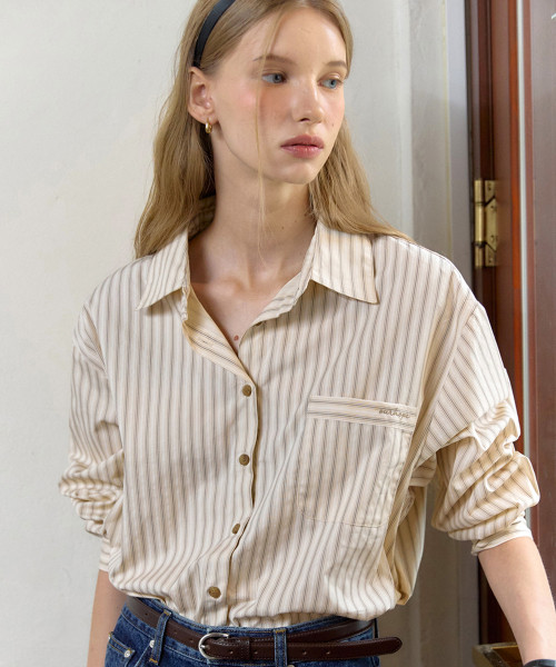 お値下げ　TOUJOURS ベージュ 長袖シャツ　ブラウス　１ セール】オルソンストライプシャツ - ベージュ（シャツ/ブラウス