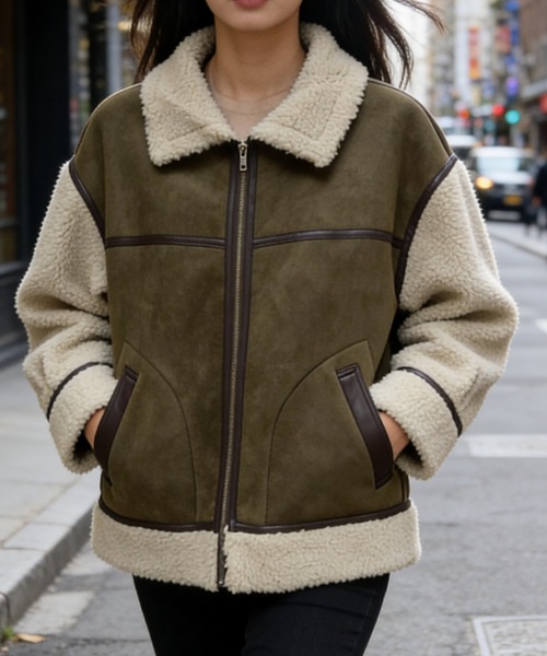 GEMEDA(ジェメダ)の「フェイクムートン×ボア 切替ジップブルゾン(その他アウター・レディース・ベージュ/モカ・M)」の3枚目の写真