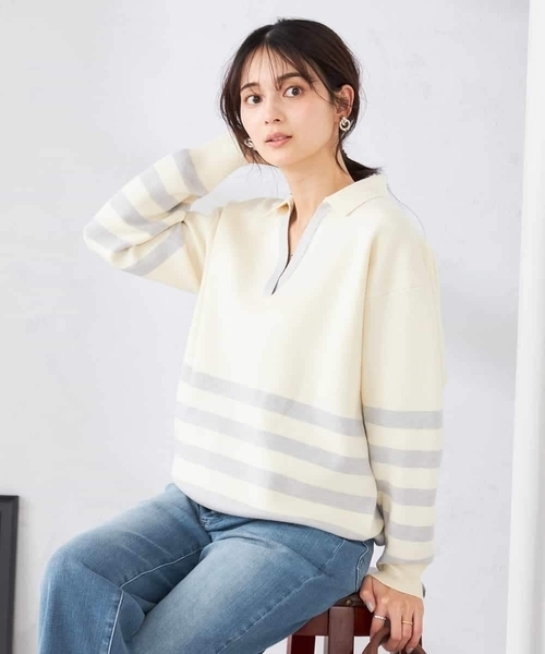 a.v.v(アーヴェヴェ)の「スキッパーボーダーニット(ニット/セーター・レディース・アイボリー/ホワイト・39)」の1枚目の写真