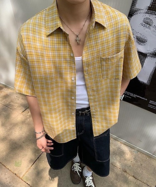 WYZ wear(ダブリューワイジィーウェア)の「オーバーサイズチェック柄半袖シャツ/ユニセックス(シャツ/ブラウス・メンズ・イエロー/ブルー/ブラウン/レッド・M/L)」の16枚目の写真