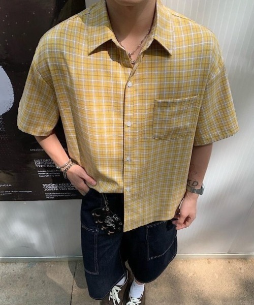 WYZ wear(ダブリューワイジィーウェア)の「オーバーサイズチェック柄半袖シャツ/ユニセックス(シャツ/ブラウス・メンズ・イエロー/ブルー/ブラウン/レッド・M/L)」の18枚目の写真