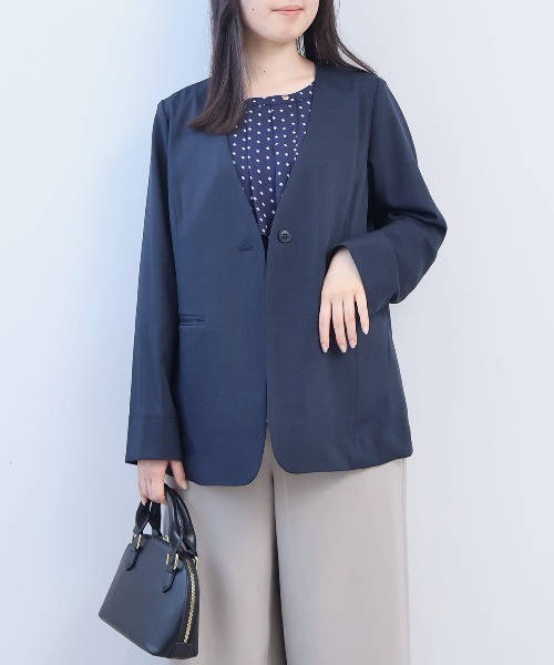 fleur by mint breeze(フルールバイミントブリーズ)の「【L~5L 大きいサイズ】リネンライクドビーノーカラージャケット(ノーカラージャケット・レディース・ネイビー/ライトグレー・LL/3L/4L/5L)」の1枚目の写真