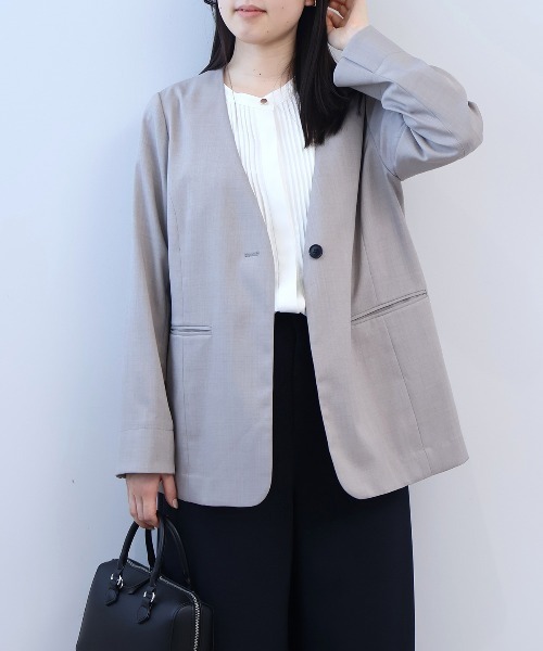 fleur by mint breeze(フルールバイミントブリーズ)の「【L~5L 大きいサイズ】リネンライクドビーノーカラージャケット(ノーカラージャケット・レディース・ネイビー/ライトグレー・LL/3L/4L/5L)」の2枚目の写真