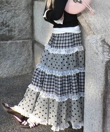 Multi check dot long skirt