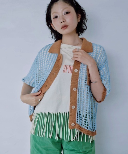 Paradise Picnic（パラダイスピクニック）の「HCAE　カラートリムメッシュニット（カーディガン/ボレロ・レディース・グリーン/ブルー/ブラック・FREE）」の3枚目の写真