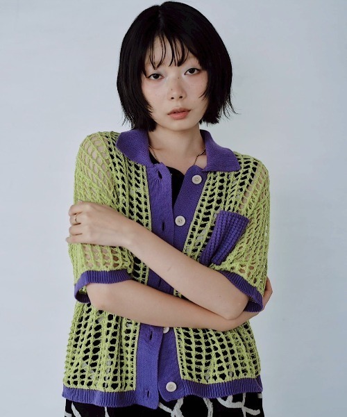 Paradise Picnic（パラダイスピクニック）の「HCAE　カラートリムメッシュニット（カーディガン/ボレロ・レディース・グリーン/ブルー/ブラック・FREE）」の2枚目の写真
