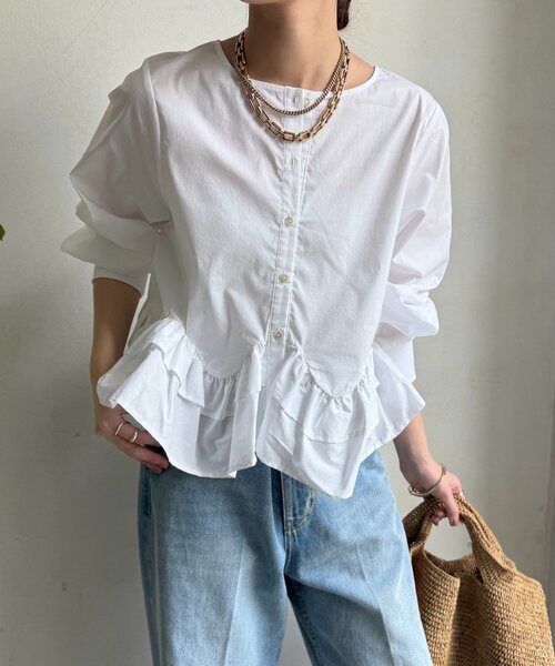 DouDou(ドゥドゥ)の「袖リブペプラムフリルブラウス(シャツ/ブラウス・レディース・ネイビー/サックスブルー/オフホワイト・FREE)」の2枚目の写真