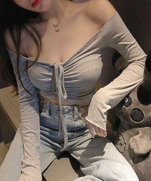 【EIZZ/アイズ】フロントギャザーオフショルクロップドトップス / ヘルシー肌見せカットソー