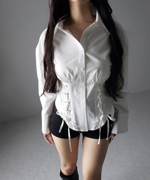 me+em select(ミームセレクト)の「【 3color 】ダブルレースアップリボンシャツ / double lace up ribbon shirts※※(シャツ/ブラウス・レディース・ブルー/ブラック/ホワイト・FREE)」の18枚目の写真