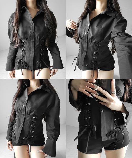me+em select(ミームセレクト)の「【 3color 】ダブルレースアップリボンシャツ / double lace up ribbon shirts※※(シャツ/ブラウス・レディース・ブルー/ブラック/ホワイト・FREE)」の8枚目の写真
