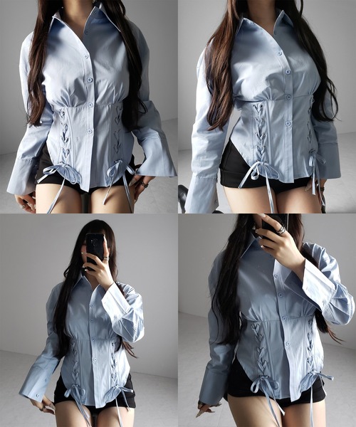 me+em select(ミームセレクト)の「【 3color 】ダブルレースアップリボンシャツ / double lace up ribbon shirts※※(シャツ/ブラウス・レディース・ブルー/ブラック/ホワイト・FREE)」の7枚目の写真