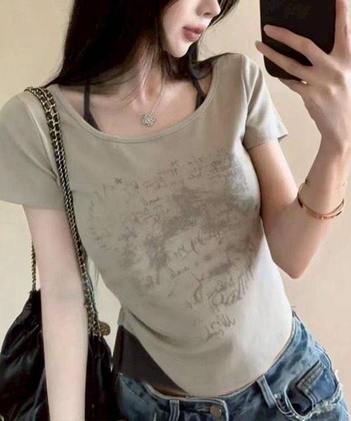 SpRay(スプレイ)の「かすれロゴレイヤードTシャツ(Tシャツ/カットソー・レディース・アイボリー/ホワイト/チャコールグレー/ブラック・FREE)」の3枚目の写真