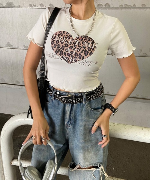 non-hedge(ノンヘッジ)の「ハートプリントメローチビTシャツ(Tシャツ/カットソー・レディース・ブラック/ブラウン/オフホワイト・FREE)」の5枚目の写真