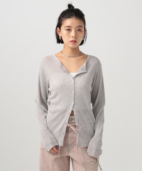 BAYFLOW（ベイフロー）の「[春夏の羽織りに]シアーリブニットクルーカーディガン（カーディガン/ボレロ・レディース・グレー/ブラック/ライトグリーン/オレンジ・FREE）」の17枚目の写真