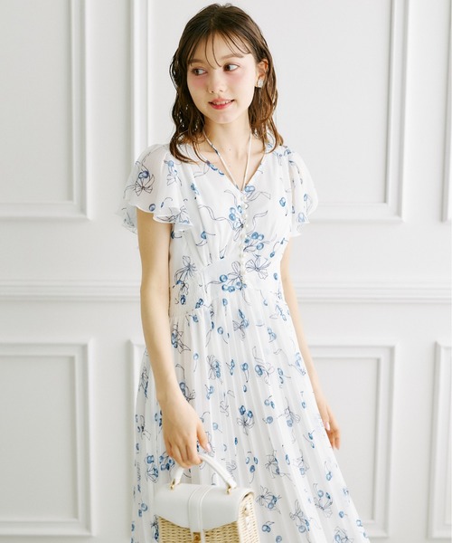パール付きチェリー×リボンプリントネックリボンプリーツワンピース