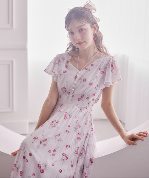 パール付きチェリー×リボンプリントネックリボンプリーツワンピース パール付きチェリー×リボンプリントネックリボンプリーツワンピース