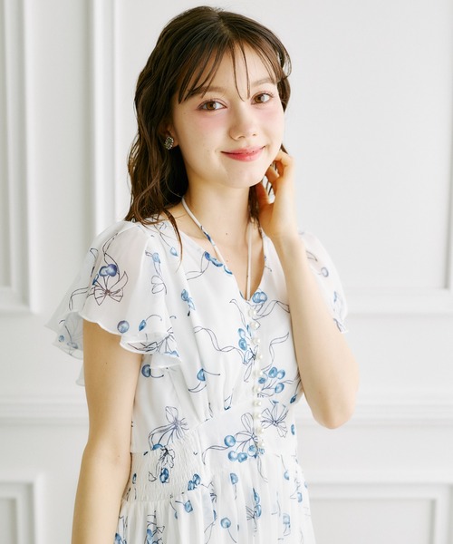 パール付きチェリー×リボンプリントネックリボンプリーツワンピース