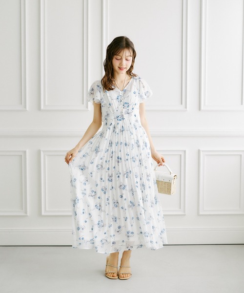 Toccoパール付きチェリー×リボンプリントネックリボンプリーツワンピースピンク パール付きチェリー×リボンプリントネックリボンプリーツワンピース