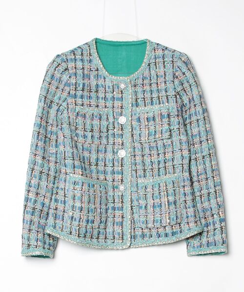 Lana821(ラナハニー)の「ビビッドトーン ツイードジャケット(ノーカラージャケット・レディース・マルチ・S/M/L)」の10枚目の写真