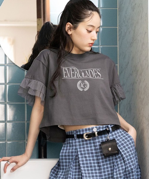 RAGEBLUE(レイジブルー)の「袖チュール/ショートTシャツ(Tシャツ/カットソー・レディース・ブルー/グレー/ホワイト・FREE)」の1枚目の写真