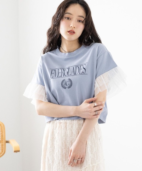 RAGEBLUE(レイジブルー)の「袖チュール/ショートTシャツ(Tシャツ/カットソー・レディース・ブルー/グレー/ホワイト・FREE)」の3枚目の写真