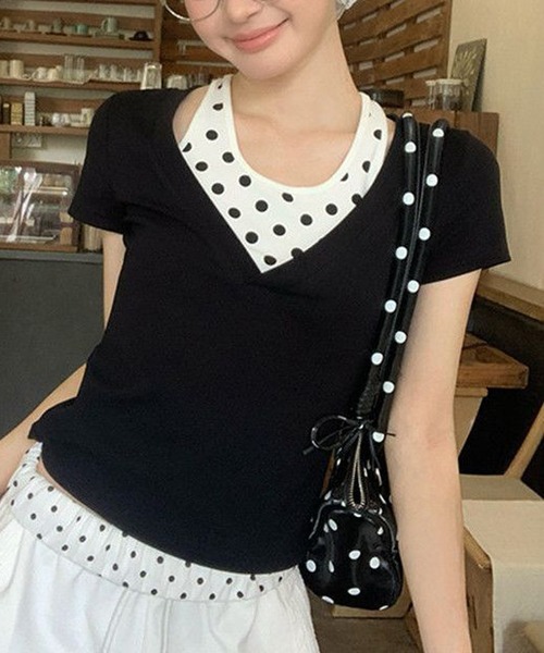 HALEY PESCA（ヘーリーペスカ）の「HALEY PESCA/ドット柄インナーレイヤードトップス（Tシャツ/カットソー・レディース・ブラック・MEDIUM/SMALL）」の2枚目の写真