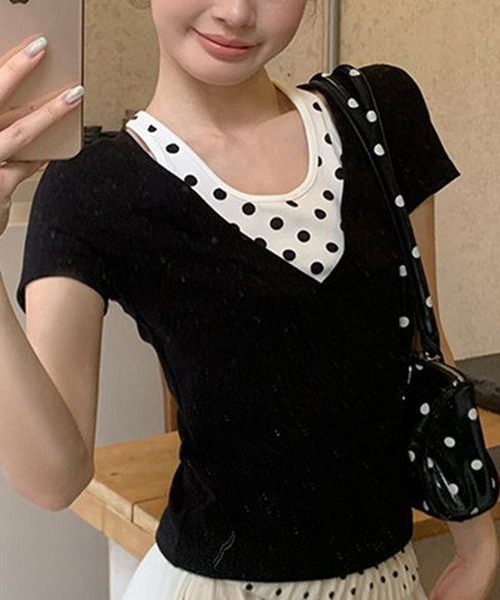 HALEY PESCA（ヘーリーペスカ）の「HALEY PESCA/ドット柄インナーレイヤードトップス（Tシャツ/カットソー・レディース・ブラック・MEDIUM/SMALL）」の3枚目の写真