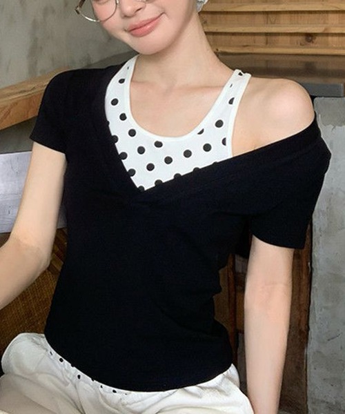 HALEY PESCA（ヘーリーペスカ）の「HALEY PESCA/ドット柄インナーレイヤードトップス（Tシャツ/カットソー・レディース・ブラック・MEDIUM/SMALL）」の4枚目の写真