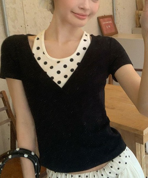 HALEY PESCA（ヘーリーペスカ）の「HALEY PESCA/ドット柄インナーレイヤードトップス（Tシャツ/カットソー・レディース・ブラック・MEDIUM/SMALL）」の5枚目の写真