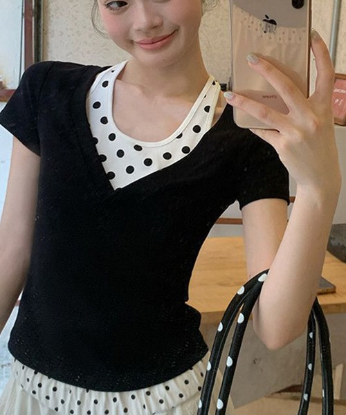HALEY PESCA（ヘーリーペスカ）の「HALEY PESCA/ドット柄インナーレイヤードトップス（Tシャツ/カットソー・レディース・ブラック・MEDIUM/SMALL）」の7枚目の写真