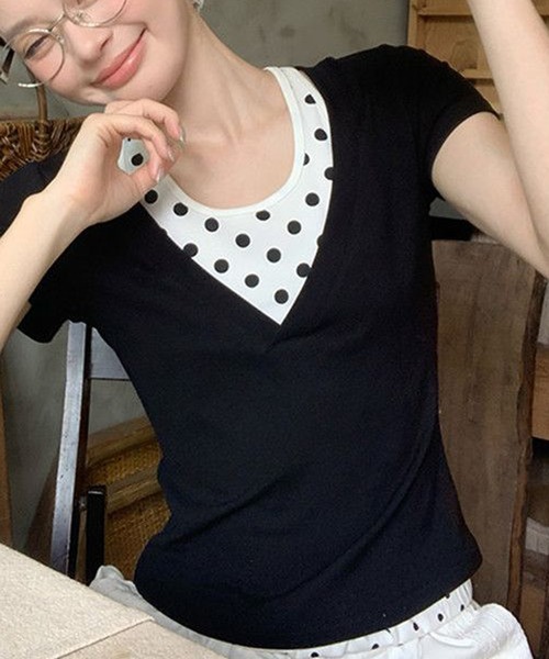 HALEY PESCA（ヘーリーペスカ）の「HALEY PESCA/ドット柄インナーレイヤードトップス（Tシャツ/カットソー・レディース・ブラック・MEDIUM/SMALL）」の9枚目の写真