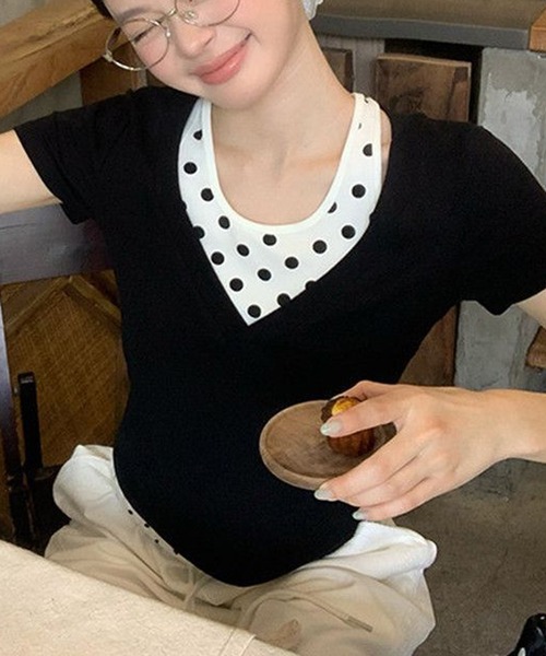 HALEY PESCA（ヘーリーペスカ）の「HALEY PESCA/ドット柄インナーレイヤードトップス（Tシャツ/カットソー・レディース・ブラック・MEDIUM/SMALL）」の10枚目の写真