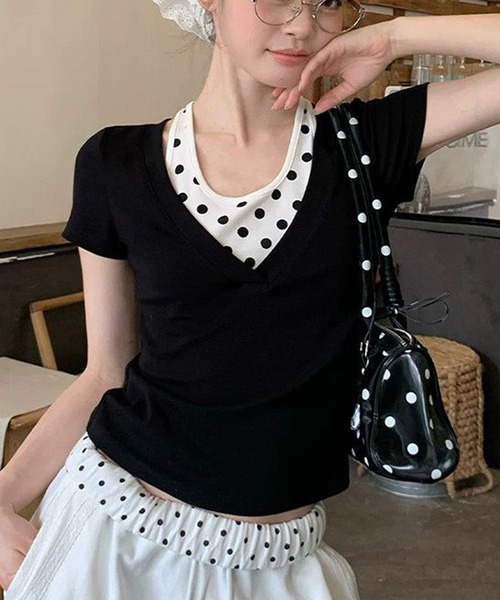 HALEY PESCA（ヘーリーペスカ）の「HALEY PESCA/ドット柄インナーレイヤードトップス（Tシャツ/カットソー・レディース・ブラック・MEDIUM/SMALL）」の11枚目の写真